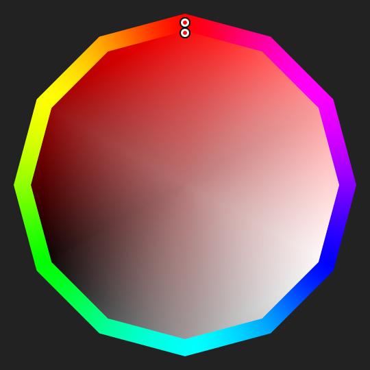 A dodecagonal saturation/value tone picker surrounded by a hue ring with 12 corners.
