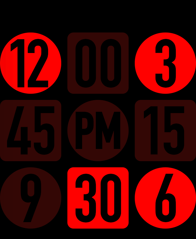 Third-party Apple Watch face: Cardinal (nine numbered lights, in red)