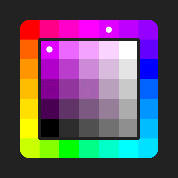 A 7x7 UI containing a 5x5 tone square surrounded by a frame of hue swatches. Different hues are chosen and reflected in the tone square. Then several saturations and values of red are selected, reflected in the hue frame.