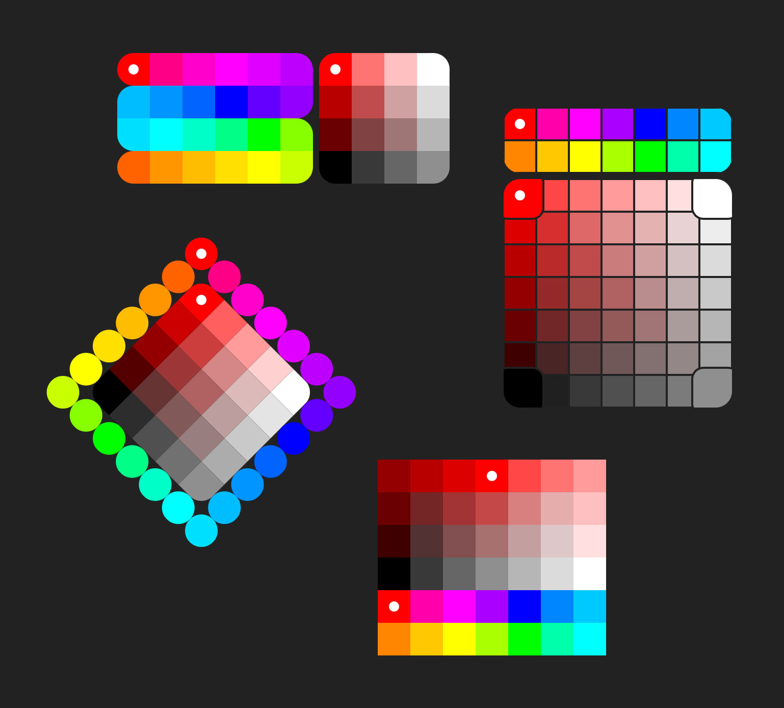 Four variations on color pickers (3 rectangular, 1 diamond) with a tone (saturation and value) selection region plus a hue selector arrayed in a serpentine or loop layout.
