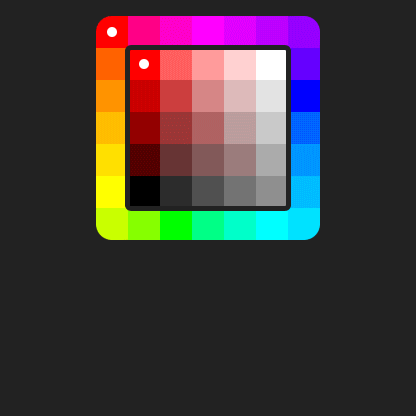 A grid of color swatches ranging from pure red to black, gray, and white, surrounded by a frame of hue swatches. The number of swatches animates between a very small 4x4 UI and a large 12x12 layout.