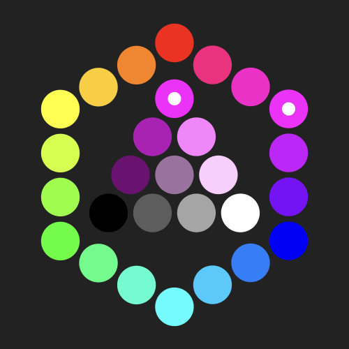 Hexagonal ring of 18 circular hue swatches surrounding a triangle of 10 purple tones, with black to white along the bottom swatches.