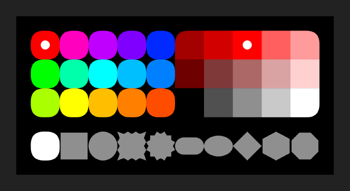 15 hue swatches on the left, 15 tones on the right, and 10 shapes below. First shape (squircle) is selected, and used for the hue swatches.