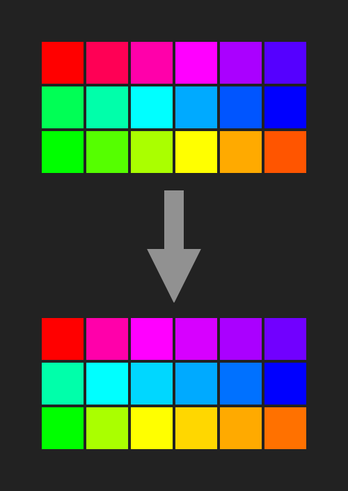6x3 block of hue swatches without optical intervals, and arrow pointing down to the same swatches with optical intervals.