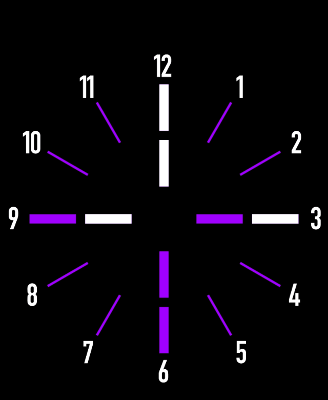 Third-party Apple Watch face: Cardinal (circular arrangement of white and purple tick marks with numerals)
