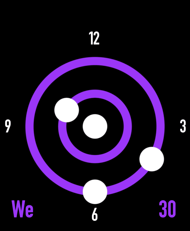 Third-party Apple Watch face: Heliodor (purple rings and white dots)
