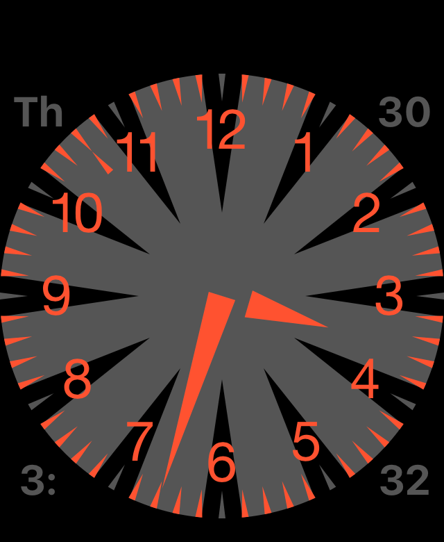 Third-party Apple Watch face: Thylacine (orange and gray with hour numbers plus day, date, and digital time complications)