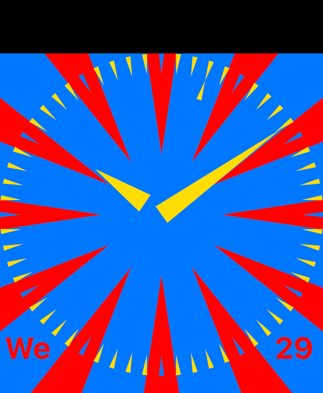 Third-party Apple Watch face: Thylacine (full-screen analog face, in primary colors with isosceles triangle markings plus day and date complications)